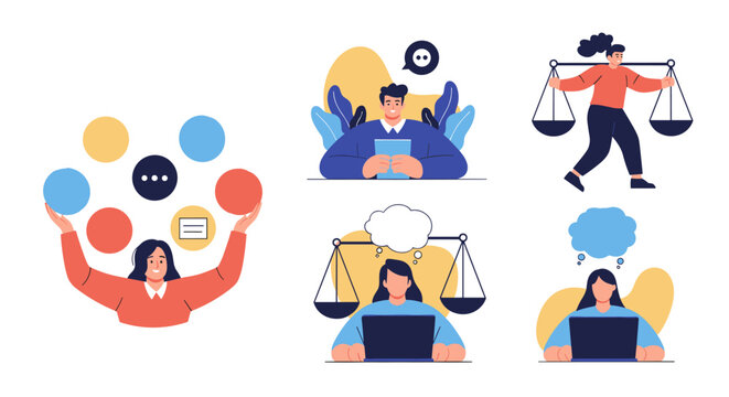 Diverse concepts of decision making, work-life balance, and professional multitasking illustrated with various human characters.