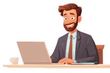 Businessman working on laptop at desk with coffee cup and notepad in office setting