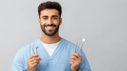A skilled arab male dentist stands proudly in a modern dental clinic, holding essential tools for patient care. His friendly demeanor and bright outfit create a welcoming atmosphere for patients