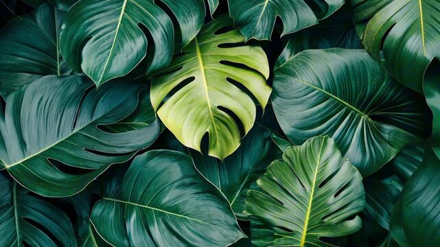 Lush green tropical leaves create a vibrant backdrop, showcasing varying shades and textures, with a focus on the unique shapes and patterns of each leaf in a continuous arrangement