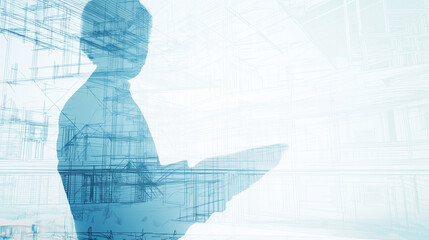 Architect silhouette overlaying building blueprints, designing future construction and urban development projects