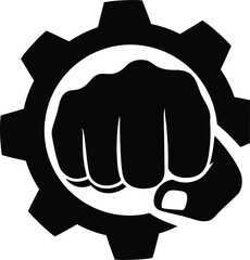 Fist symbolizing strength and unity surrounded by a gear wheel representing industry and machinery