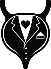 A groom's attire illustrated in a minimalist graphic style within a circular frame