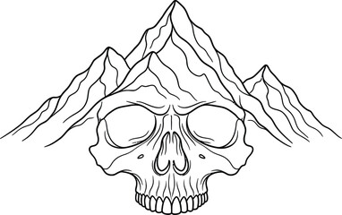 A human skull illustration merged with mountain peaks in a surreal landscape view
