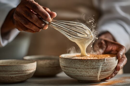 Hands holding bowl while pouring creamy Tembleque. Soft, warm lighting enhances cozy kitchen atmosphere. Concept of cornstarch, pudding, coconut, Puerto Rican flavors blending together.