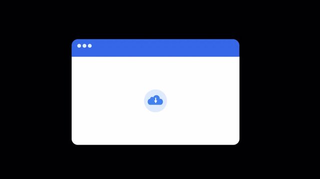 Minimal web browser window interface showing a cloud download complete status with success indicator on dark background. Clean UI design concept for finished data transfer and system confirmation.
