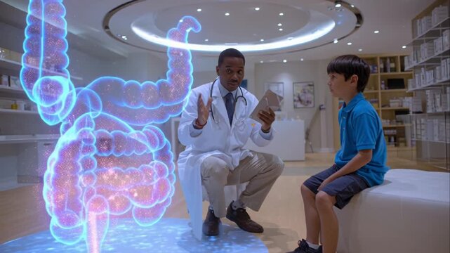 Doctor Explains Human Digestive System Anatomy to Child Medical Healthcare Science Education Stock Video Footage for Health Wellness Probiotics Gut Microbiome Animation