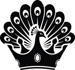 A majestic peacock spreads its vibrant tail feathers proudly on a crown against a plain white background.