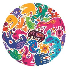 Fototapeta premium Vibrant Cartoon Animals in Circular Pattern.