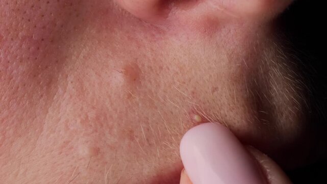 Pimple above lip close-up showing irritated skin and inflammation