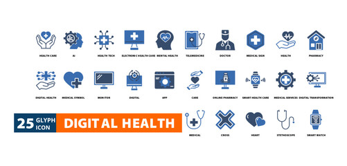 digital health icon set with healthcare, ai, health tech,
electronic healthcare, mental health, telemedicine,
doctor, medical sign, health, pharmacy, digital health,
medical symbol, monitor, digital,