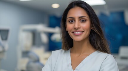 Fototapeta premium Under soft lighting in a modern dental clinic, an attractive Indian female dentist stands confidently, showcasing her expertise and cheerful nature while engaging with patients