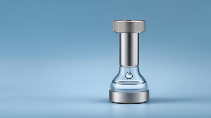 Water droplet falling from scientific glass apparatus with metal cap on blue background, laboratory equipment for research and experiments