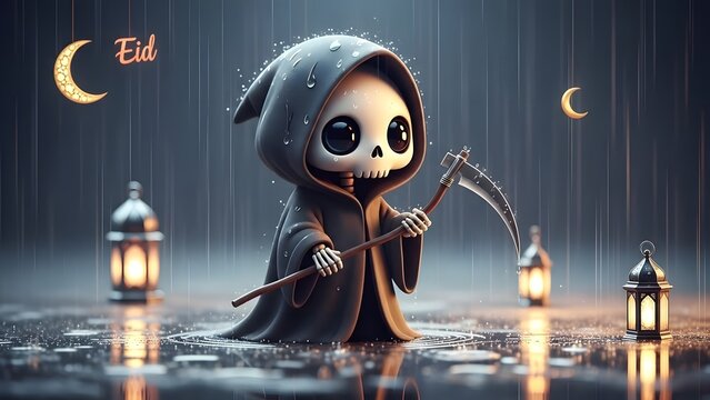 A cartoon grim reaper stands in the rain holding a scythe surrounded by lanterns on a dark Eid night