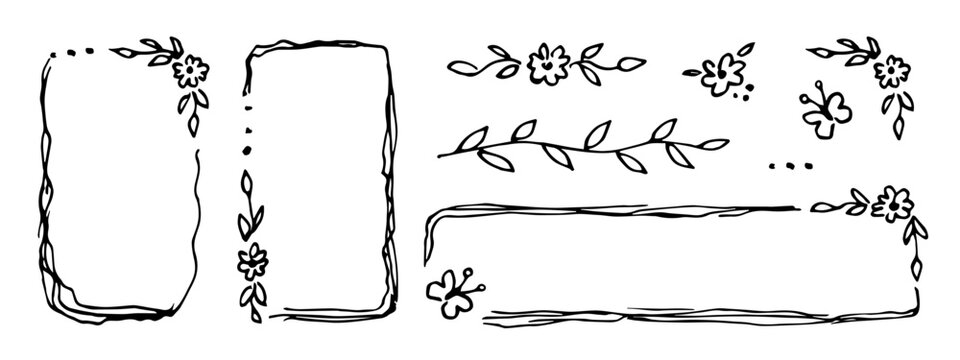 Floral rectangular frames and elements, wavy lines. Flowers, butterflies, leaves and twigs. Hand-drawn vector drawing in black outline, sketch in ink. Festive cute decoration.