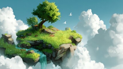 Floating grassy island with small tree 2d background sky environment