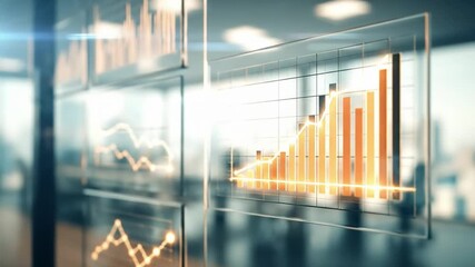 Futuristic transparent glass panels overlaying glowing golden bar charts, line graphs rising dynamically in modern corporate office with city skyline view through large windows, data analytics concept - Powered by Adobe