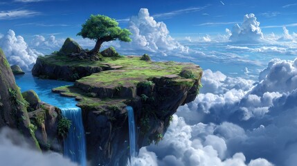 Floating grassy sky island with tiny tree in 2d background dreamy atmosphere