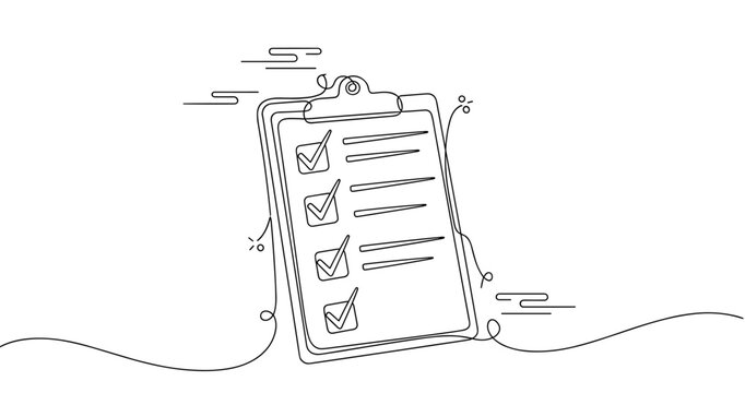 Continuous line art of checklist on clipboard with check marks, no editable stroke