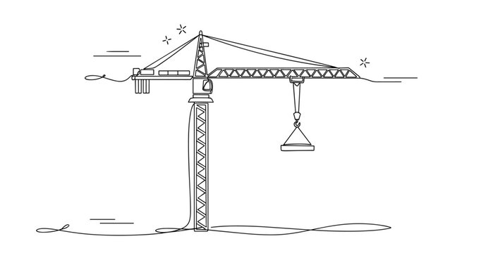 Continuous line drawing: tower crane lifting concrete block in urban construction scene, no editable stroke