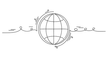 Continuous line drawing of globe with ornamental swirls symbolizing global connectivity, no editable stroke