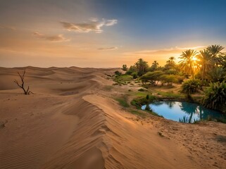 Desert Oasis with Sand Dunes and Palm Trees at Sunset
