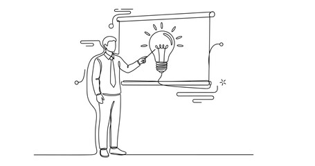 Continuous line art of adult caucasian male presenting lightbulb idea concept, no editable stroke