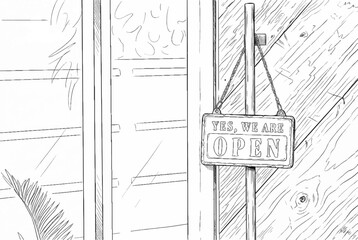 line drawing of a yes we're open sign , vintage restaurant sign , Open sign in street cafe	
