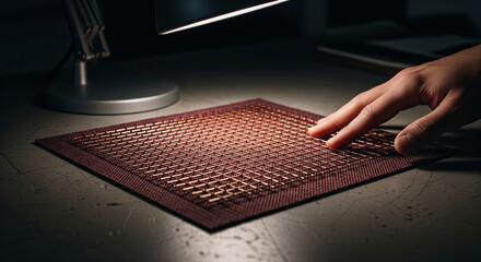 Fine Copper Crosshatch Mesh Over Burgundy Fabric