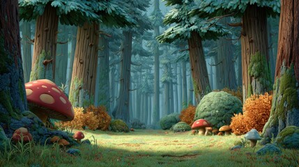 Enchanting 2d storybook forest clearing with mushrooms soft grass background