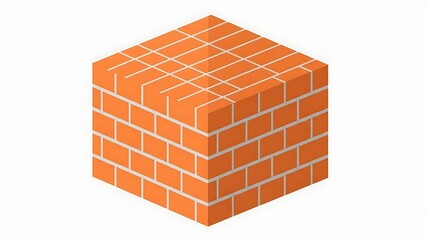 3D isometric cube made of orange bricks with gray mortar lines on white background