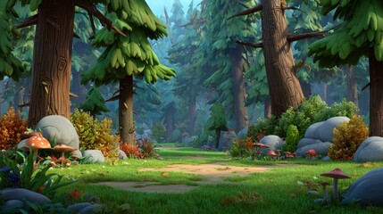 2d background of a storybook forest clearing with soft grass and mushrooms