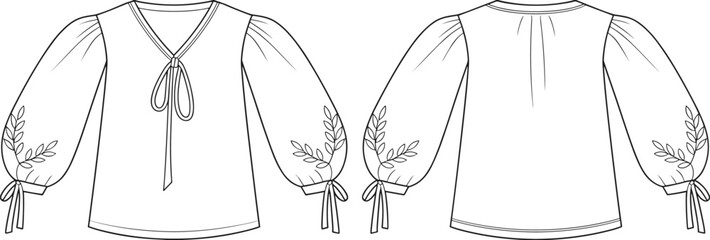 Women blouse technical flat sketch vector illustration front and back view tie neck balloon sleeve embroidery fashion apparel cad drawing