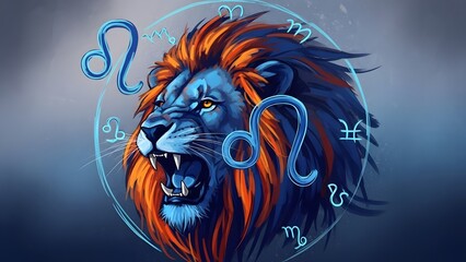 Vibrant Lion's Head Surrounded by Astrological Symbols in a Dark Blue Environment