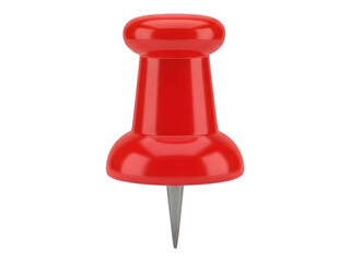 Red thumb tack in glossy finish with sharp metal tip on white background for office supplies