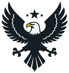 Obraz premium Bold majestic eagle illustration with powerful outstretched wings and three decorative stars, vector icon