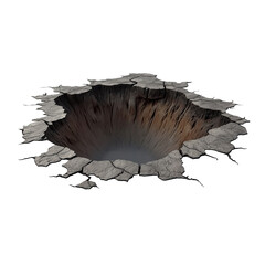 Realistic deep crater with cracked earth on black background isolated on a transparent background