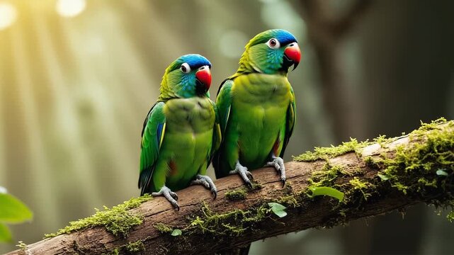 Two green parrots affectionately interacting on mossy branch in forest