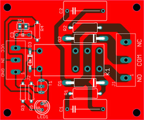 Vector printed circuit board of electronic 
device with components of radio elements, 
conductors and contact pads placed on pcb. 
Engineering drawing. Electric background.