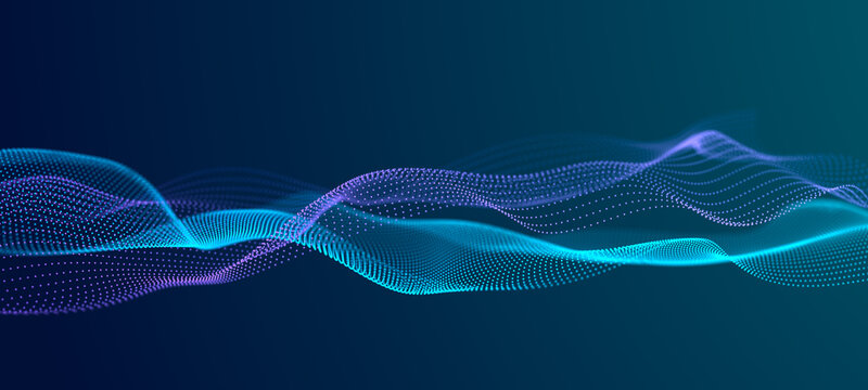 Waves transmit silent codes through a luminous matrix. Particles pulse with digital motion. 3D rendering.