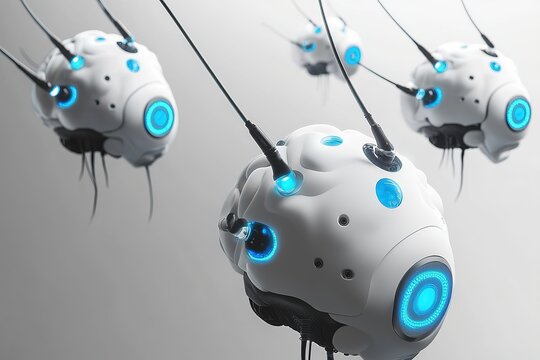 Dynamic white nanobot brain cells with blue LEDs flying, long tentacles, macro low angle futuristic view.