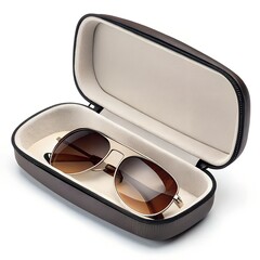 Stylish Sunglasses in Protective Hard Case Isolated on White Background.