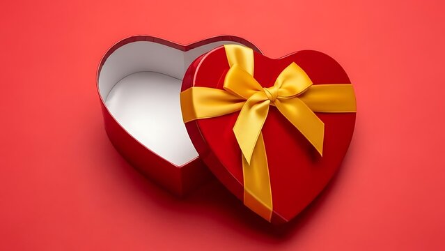 Elegant red heart shaped gift box with a golden ribbon on a vibrant red background