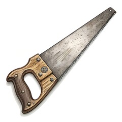 Vintage Hand Saw with Wooden Handle Isolated on White Background.