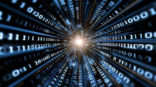 A mesmerizing abstract representation of data and technology, showcasing binary code in a dynamic tunnel effect, symbolizing the vastness and depth of digital information.