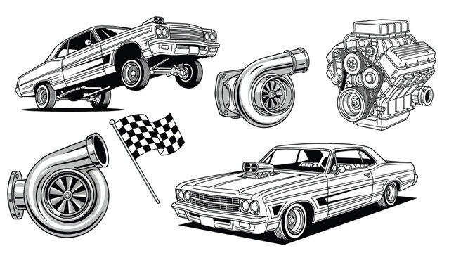 Muscle car enthusiast illustration set features classic high-performance vehicles, a powerful engine block, turbochargers, and a checkered racing flag.
