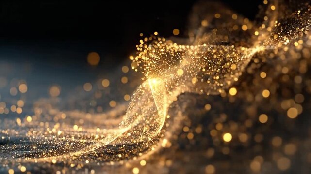 Streaming golden light particles moving along a dark surface in motion