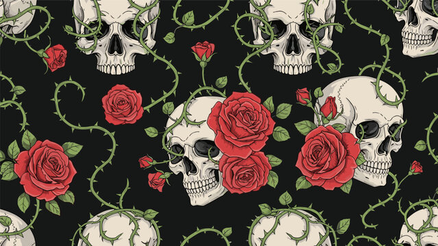Edgy seamless pattern features human skulls intertwined with red roses and thorny green vines against a dark background for a classic tattoo aesthetic.