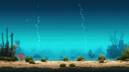 Undersea adventure sandy seafloor 2d background coral silhouettes bubbling environment