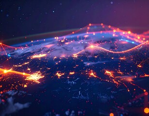 Dynamic Digital Network Spanning the Globe, Illustrating Advanced Data Flow and Interconnected Communication Across a Futuristic Earth Landscape